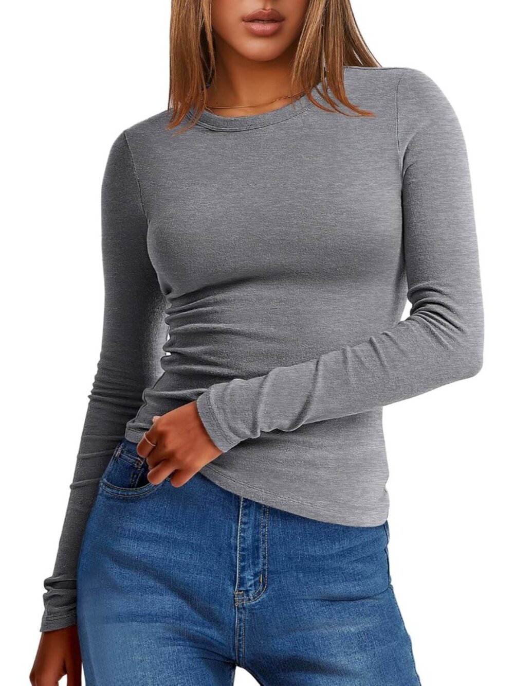 Women's Grey Crew Neck Long Sleeve Slim Fitted Imported Tops Tee Shirts